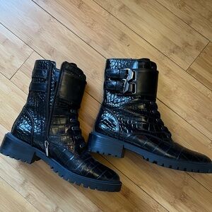 Vince Camuto Black Crocodile-Patterned Combat Boots